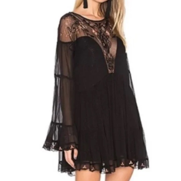 Free People Dresses & Skirts - Free People Black Embroidered and Embellished Long Sleeve Dress